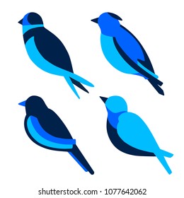 Set of nice simple birds. Cute flat swallow, jay, thrush, magpie with blue body. Good choice of logotype for your company. Design of vector illustration on the white background.