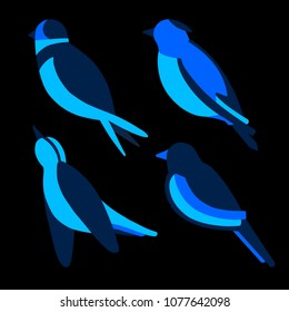 Set of nice simple birds. Cute flat swallow, jay, nightingale, magpie with blue body. Good choice of logotype for your company. Design of vector illustration on the black background.