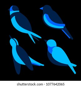 Set of nice simple cold birds. Cute flat thrush, jay, nightingale, magpie with blue body. Good choice of logotype for your company. Design of vector illustration on the black background.