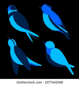 Set of nice simple cold birds. Cute flat swallow, jay, thrush, nightingale with blue body. Good choice of logotype for your company. Design of vector illustration on the black background.