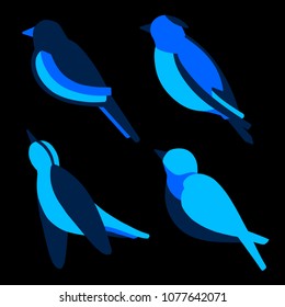 Set of nice simple cold birds. Cute flat swallow, nightingale, thrush, magpie with blue body. Good choice of logotype for your company. Design of vector illustration on the black background.