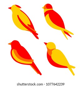 Set of nice simple yellow birds. Cute flat swallow, jay, thrush, magpie with red and orange body. Good choice of logotype for your company. Design of vector illustration on the white background.