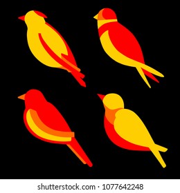 Set of nice simple yellow birds. Cute flat swallow, jay, thrush, magpie with red and orange body. Good choice of logotype for your company. Design of vector illustration on the black background.