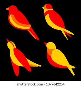 Set of nice simple yellow birds. Cute flat swallow, nightingale, thrush, magpie with red orange body. Good choice of logotype for your company. Design of vector illustration on the black background.