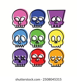 Set of nice skulls.  A collection of cute skulls for halloween. Collection of skulls with expressions