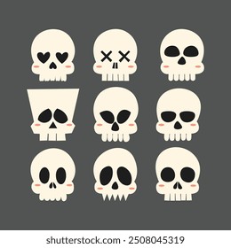 Set of nice skulls.  A collection of cute skulls for halloween. Collection of skulls with expressions