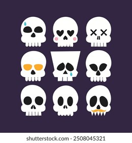 Set of nice skulls.  A collection of cute skulls for halloween. Collection of skulls with expressions