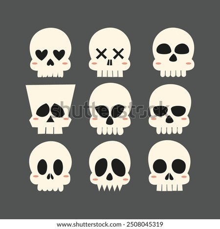 Set of nice skulls.  A collection of cute skulls for halloween. Collection of skulls with expressions