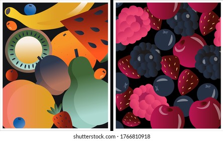 Set of nice vector colorful summer posters with fresh berries and fruits. Bright vector berries and fruits with gradient. Catchy posters for 
greeting card, summer festival, beach party and sales.