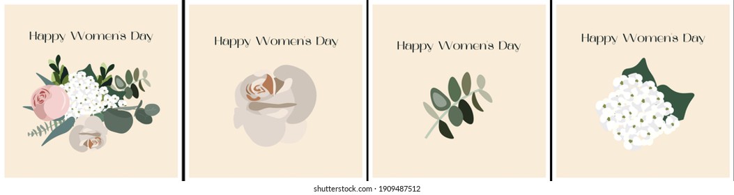 Set of nice vector greeting cards with flowers for International Women's Day, Mother's Day or other holidays. Minimalistic cards with eucalyptus, roses and greens. Spring vecror illustrations.