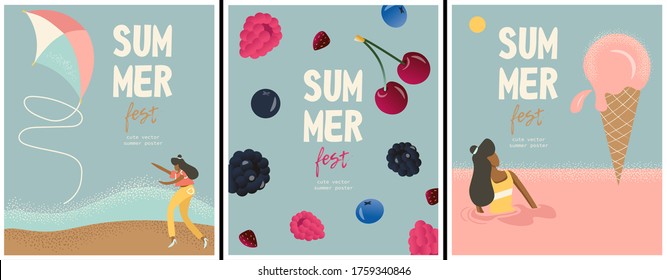 Set of nice vector summer posters with fresh berries, girls on the beach, ice cream and fly kite. Poster for summer festival. Cute vector flat template with summer elements in cartoon style.