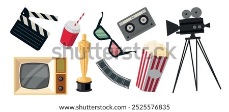 Set of nice vintage movie elements in cartoon style.Vector illustration of clapperboard, vintage TV, plastic cup with straw, popcorn, golden oscar statuette, stereo glasses,movie projector,movie tape.