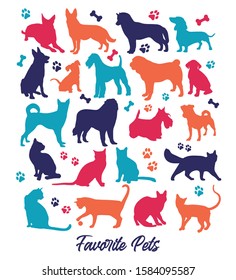 Set of nicecolors cats and dogs background illustration. Animal collection.