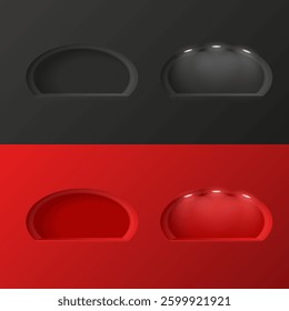 Set of niches in the walls, arched empty shelves oval round shape on black and red backgrounds. Place for presentation of your product. Vector 3D illustration.