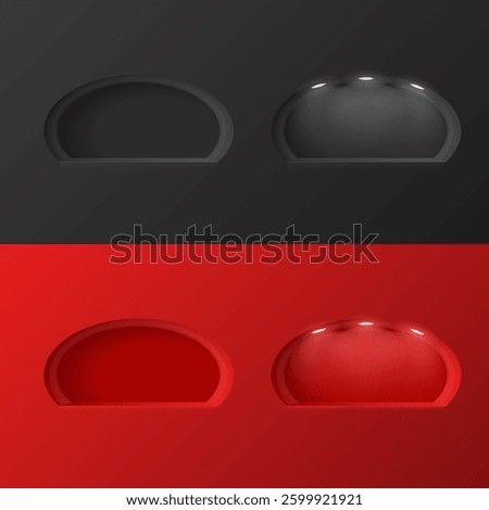 Set of niches in the walls, arched empty shelves oval round shape on black and red backgrounds. Place for presentation of your product. Vector 3D illustration.