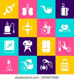 Set Nicotine gum in blister pack, Giving up cigarette, Heart disease with smoking, No pipe, Joint pain, knee pain, Hookah, Candy and electronic icon. Vector
