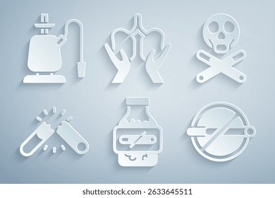 Set Nicotine gum in blister pack, Bones and skull, Broken cigarette, No smoking, Lungs and Hookah icon. Vector