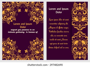 Set of nifty template for design invitations and greeting cards. Ornate elegant pattern gold on purple in Damascus style. Vector illustration.