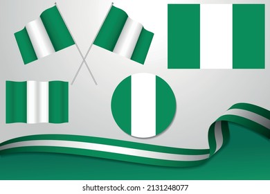Set Of Nigeria Flags In Different Designs, Icon, Flaying Flags With ribbon With Background. Free Vector