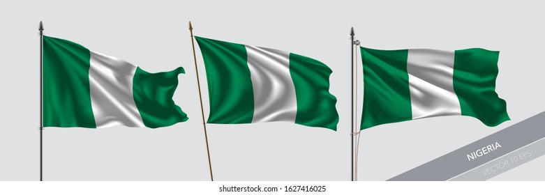 Set of Nigeria waving flag on isolated background vector illustration. 3 Nigerian wavy realistic flag as a symbol of patriotism