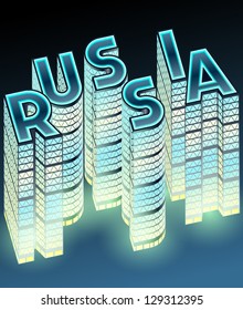 Set of night buildings in form of alphabet. Russia