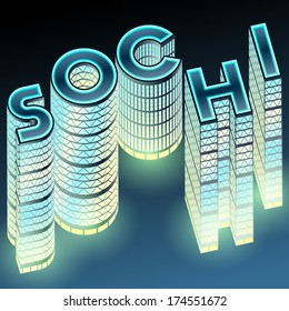 Set of night buildings in form of alphabet. Sochi
