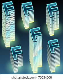 Set of night buildings in form of alphabet. Letter F