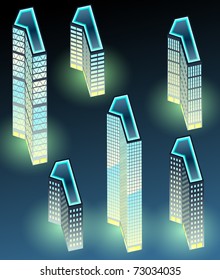 Set of night buildings in form of alphabet. Letter 1