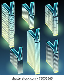 Set of night buildings in form of alphabet. Letter y