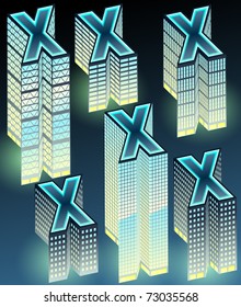 Set of night buildings in form of alphabet. Letter x