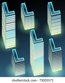Set of night buildings in form of alphabet. Letter l