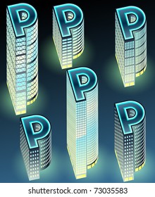 Set of night buildings in form of alphabet. Letter p