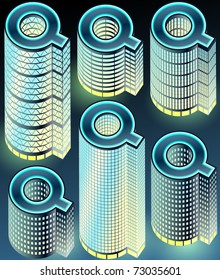 Set of night buildings in form of alphabet. Letter q