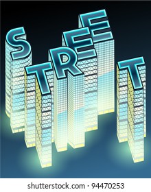 Set of night buildings in form of alphabet