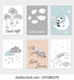 Set of night cards with cute cartoon animals, stars and moon. Posters for baby rooms. Sweet dreams vector illustrations.