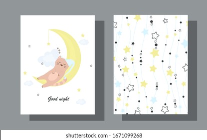 Set von Nachtkarten süße schlafende Katze in einem flachen Cartoon-Design. Postkarten für den Schlaf einer Katze in einem Hut schläft auf dem Mond. Kinderhintergründe mit Wolken, Sternen und dem Mond. Grafiken der Vektorillustration.