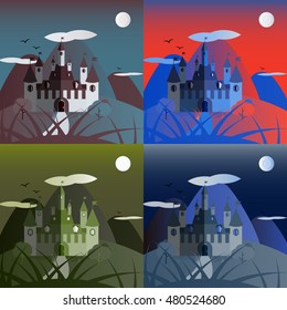 Set of night castle landscapes. Nice and simple illustration