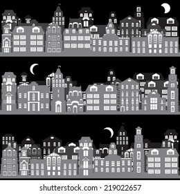set of night city landscapes, buildings, vector illustration