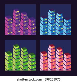 Set of night city skyscrapers vector illustrations: 4 colors