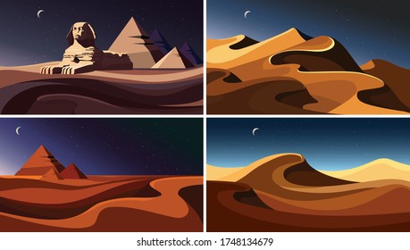 Set of night desert landscapes. Beautiful sand scenes.