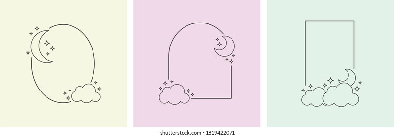 Set of night doodles frame vectors. Moon, stars and clouds in the sky border illustration