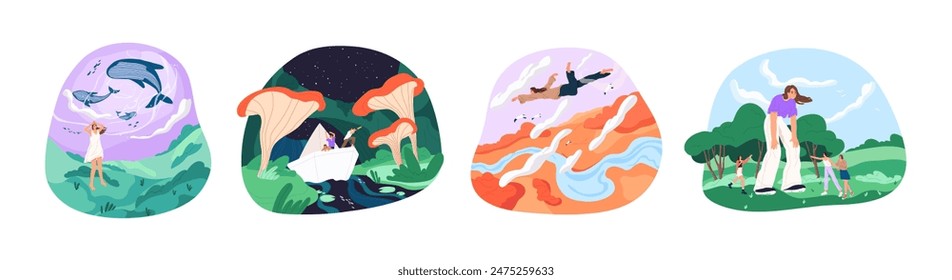 Conjunto de sueños nocturnos. Las Personas son gigantes o ondean en el cielo en fantasías. Las ballenas mágicas vuelan en la imaginación de los soñadores. Misterios, maravillas de la ficción en el sueño. Ilustración vectorial plana aislada en blanco