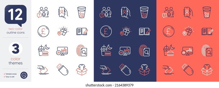 Set of Night eat, Gift and Pound money line icons. Include Ice tea, User call, Family questions icons. Candlestick chart, Clothing, Usb stick web elements. Feedback, Voting ballot, Inspect. Vector