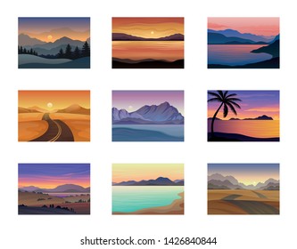 Set of night and evening landscapes at sunset. Vector illustration on white background.