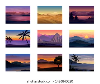Set of night and evening landscapes. Vector illustration on white background.