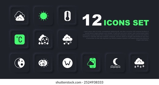 Set Night fog or smoke, Cloud with snow, Acid rain radioactive cloud, Weather forecast app, Celsius, Eclipse of sun, Sun and Compass north icon. Vector