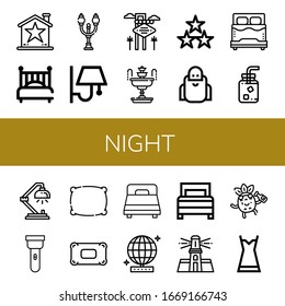 Set of night icons. Such as Star, Bed, Street lamp, Wall lamp, Las vegas, Fountain, Stars, Wise, Cold water, Desk lamp, Torch, Pillow, Mirror ball, Lighthouse, Drunk , night icons