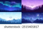 A set of night landscapes. The moon in the dark sky above the mountain ranges, sunrise, silhouettes of fir trees, aurora borealis. Design for tourist banners, business cards, greeting cards.