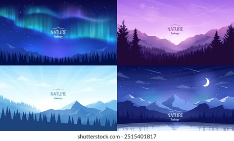 A set of night landscapes. The moon in the dark sky above the mountain ranges, sunrise, silhouettes of fir trees, aurora borealis. Design for tourist banners, business cards, greeting cards.