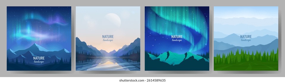 Set of night landscapes. Northern lights, view of mountains and lake, foggy landscape with mountain ranges. Background design, travel banners, business cards, postcards. Vector illustration.